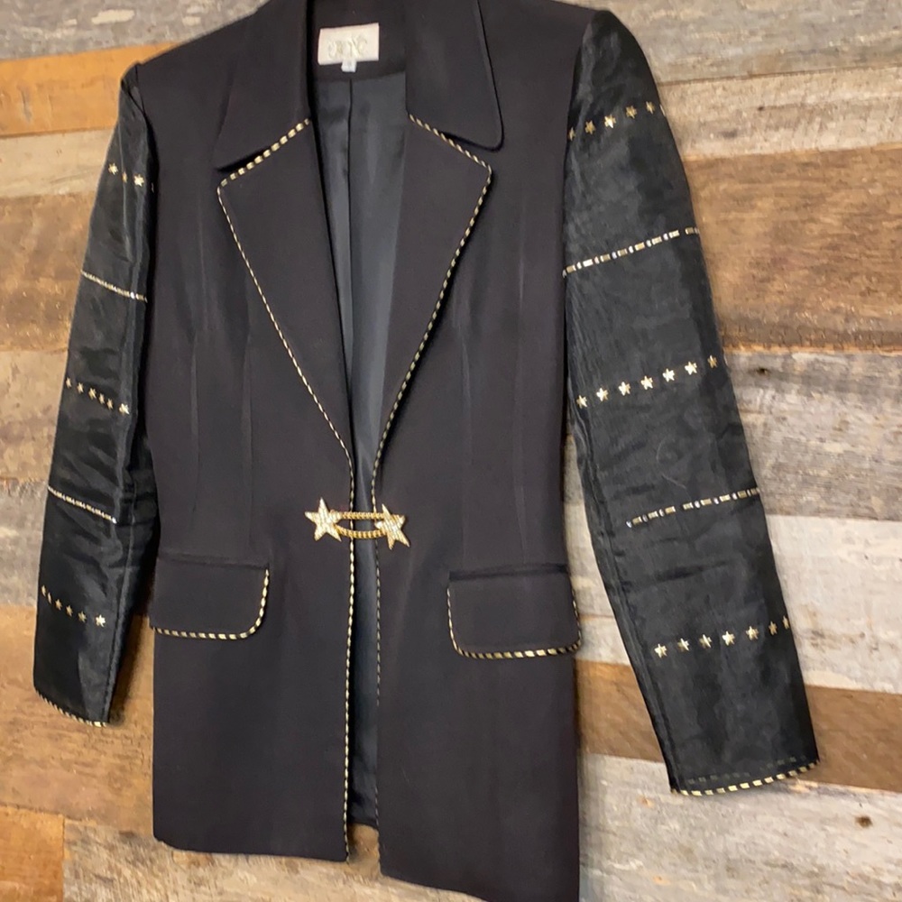Black and gold dressy jacket with transparent sleeves